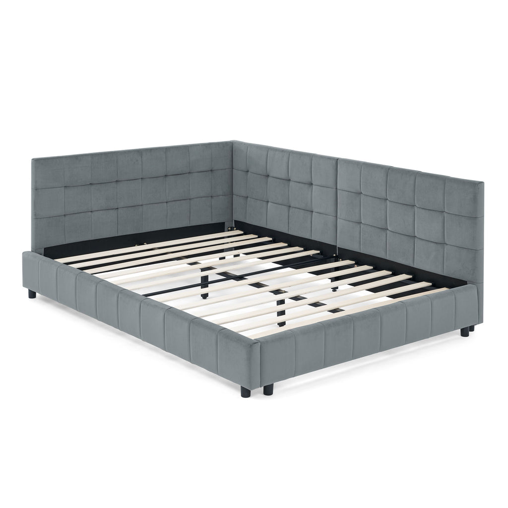 Mid-Century Storage Upholstered Tufted Bed Frame With Backrest And Armrests