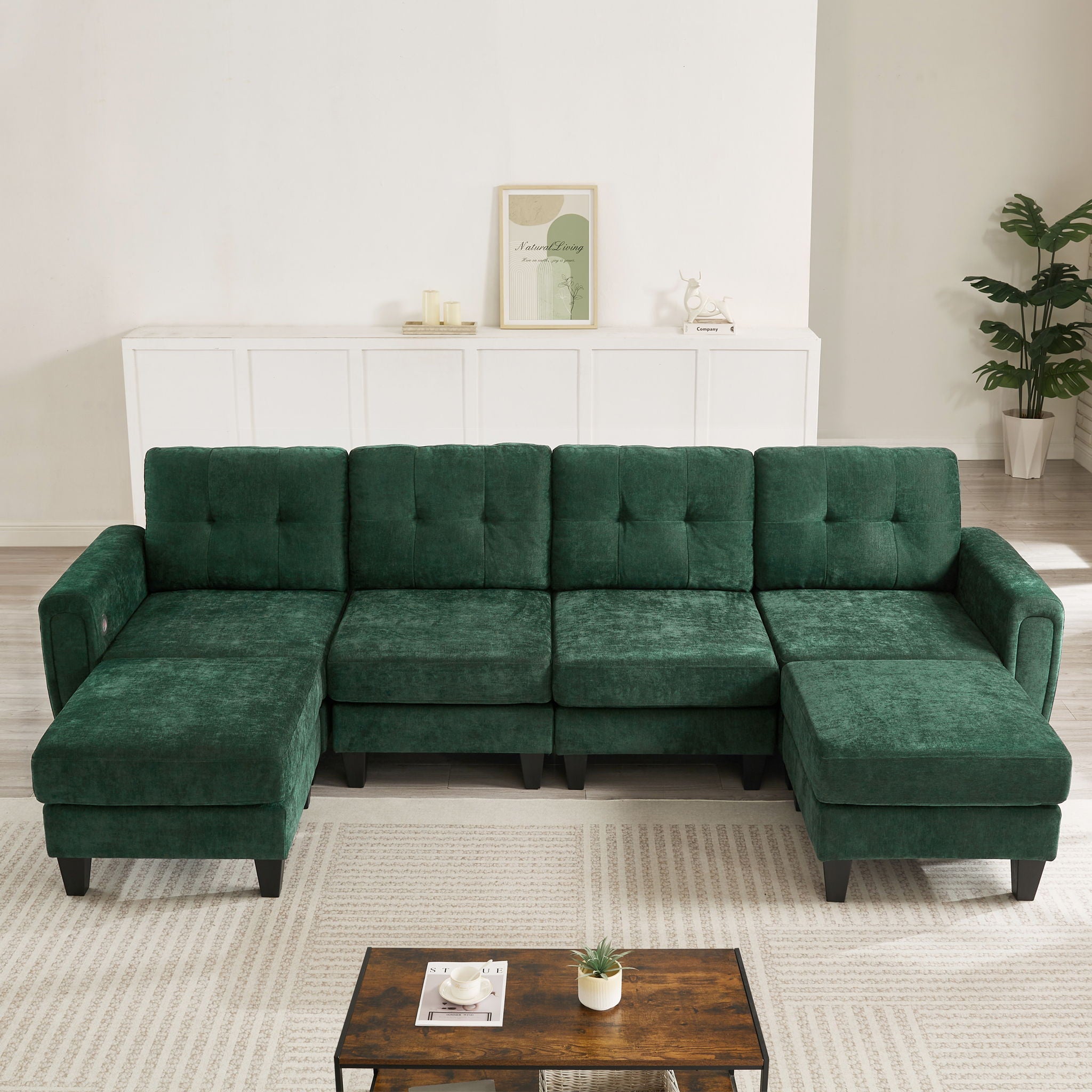 Modular Sectional Sofa With Movable Ottomans, USB Ports & Side Tables