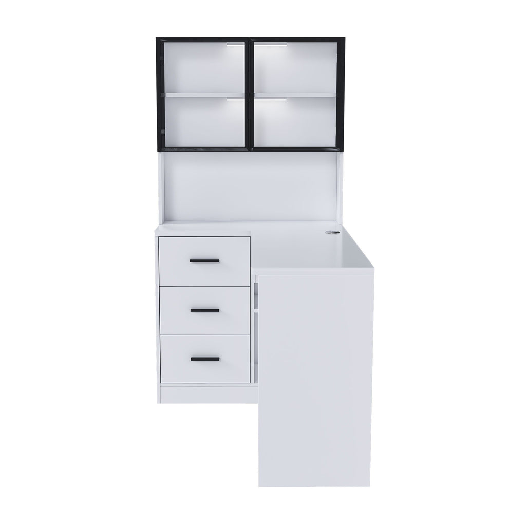 L-Shaped Computer Desk With Glass Cabinets, Built In LED Lights, USB Charging Ports