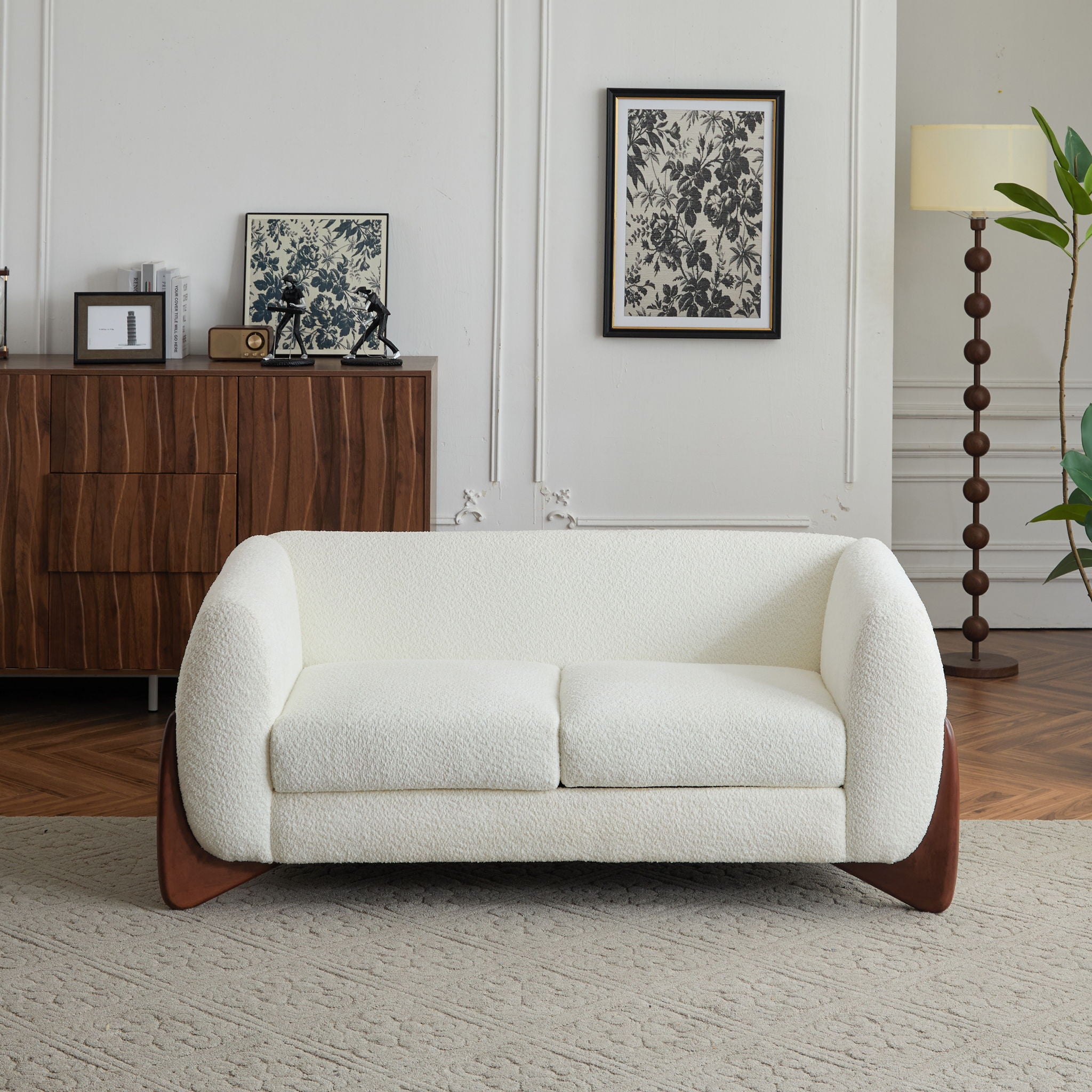 Contemporary Boucle Sherpa Sofa With Birch Wood Legs