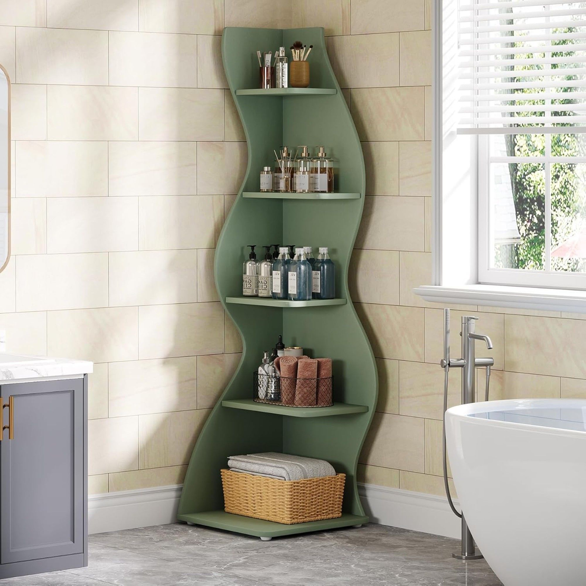 5 Tier Wavy Corner Bookshelf And Plant Stand For Living Room