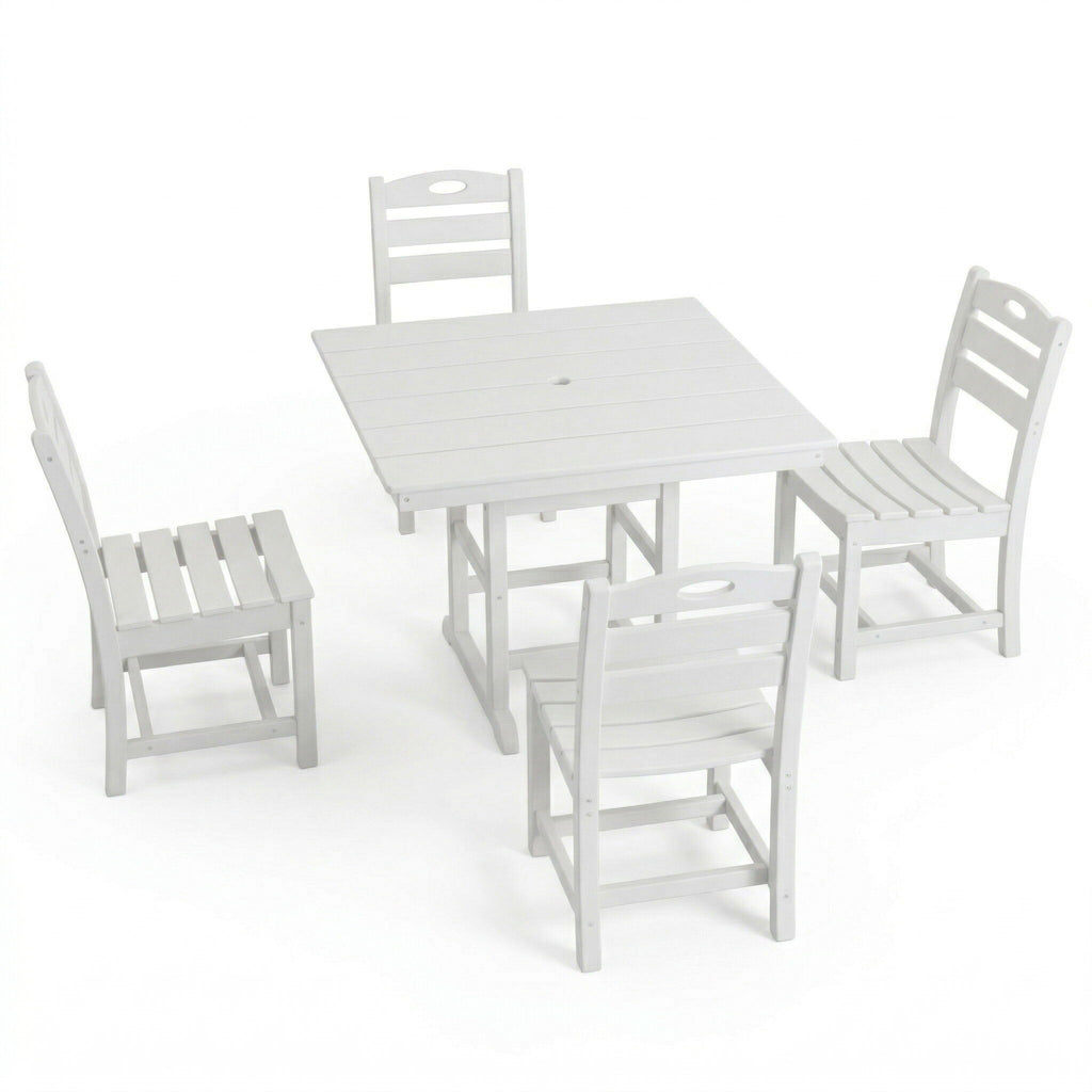 Outdoor Patio Dining Set, Square Table With Umbrella Hole And Armless Chairs