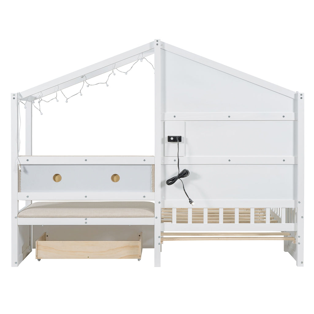 House Bed With Upholstered Sofa, Wireless Charging Station, Shelves And 2 Drawers