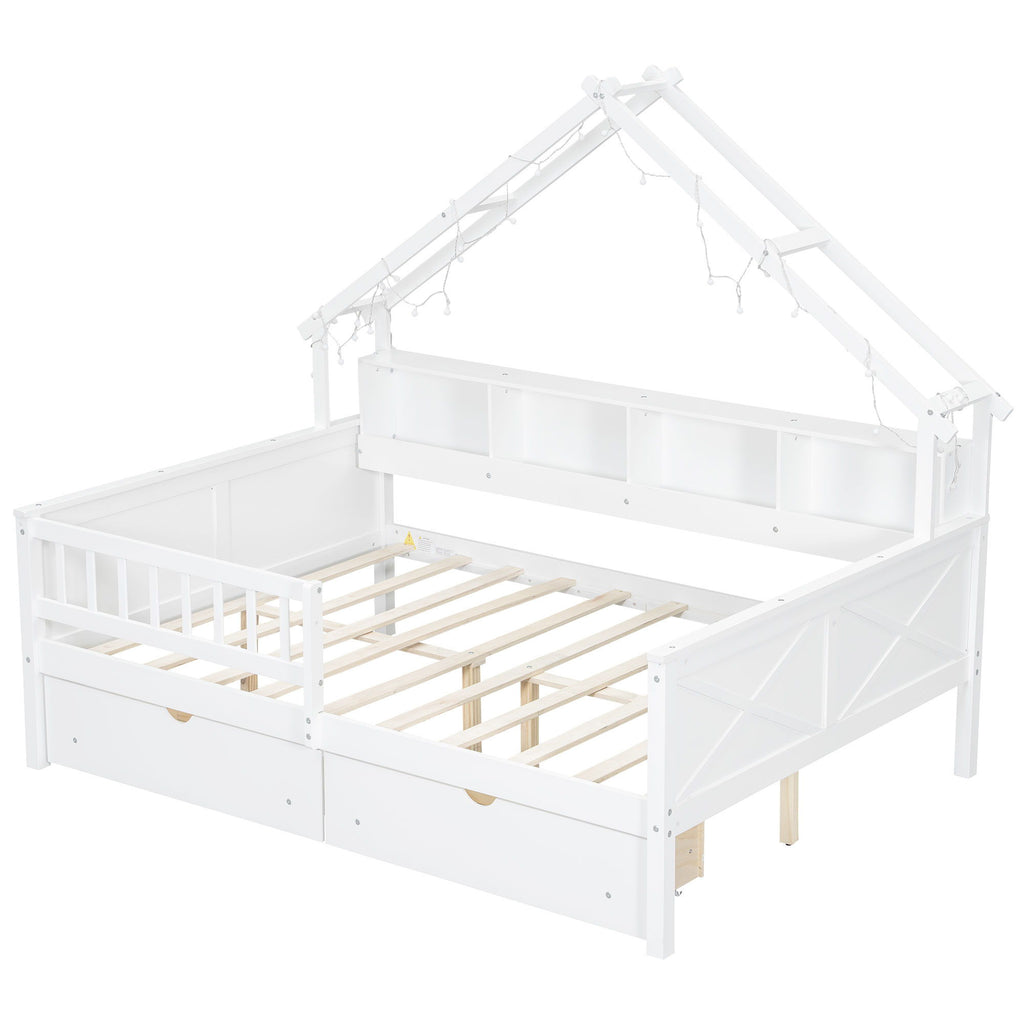 House Style Platform Bed With LED Lights, Storage Shelves, Drawers, And Guardrail