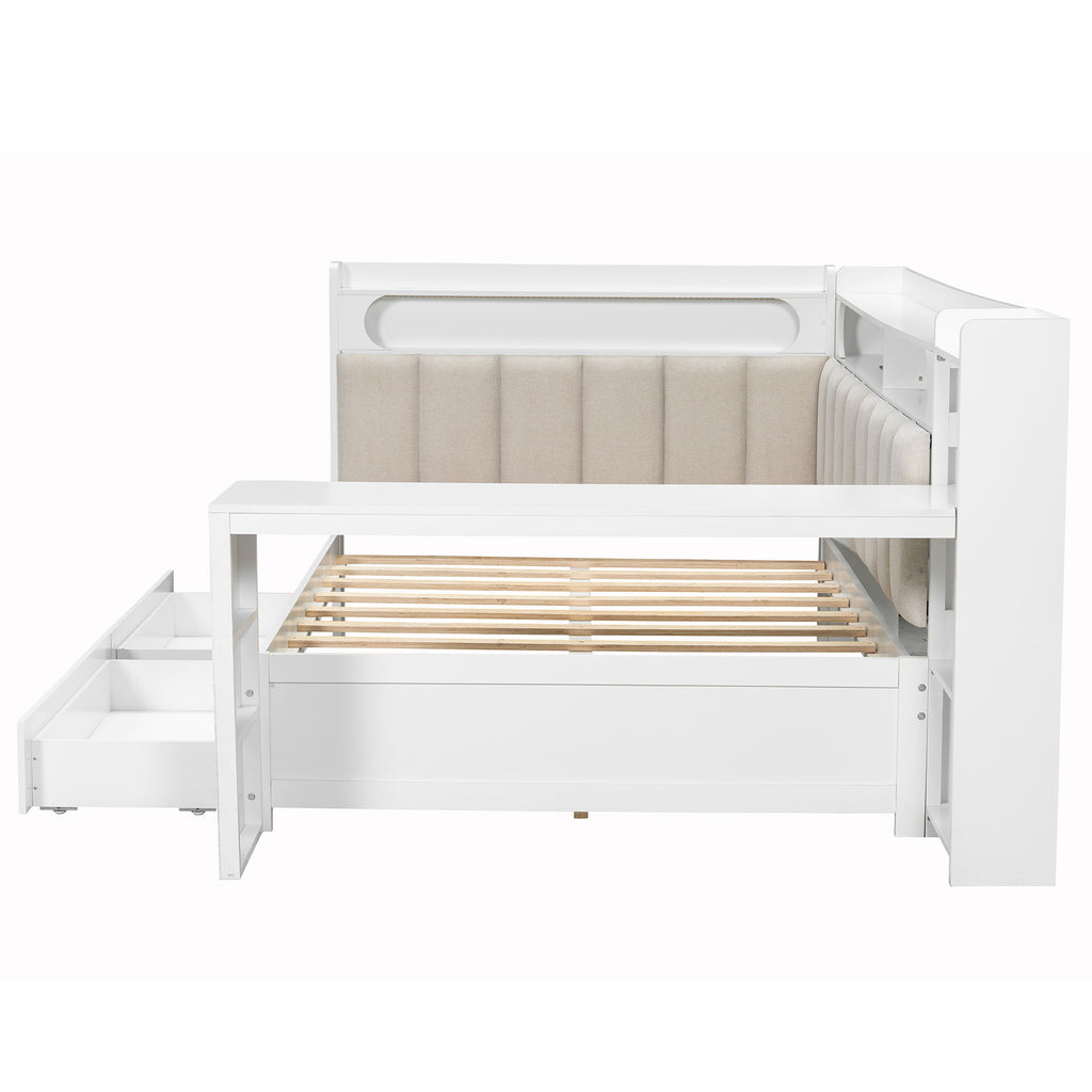 Daybed With Upholstered Headboard, Storage Shelves, Drawers, Charging Station, LED Light, And Adjustable Desk