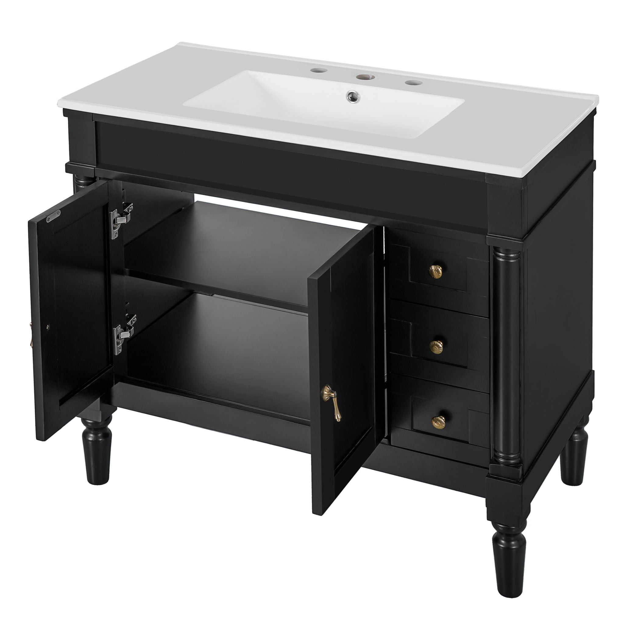 Bathroom Vanity With Ceramic Sink, 2 Doors 3 Drawers, Soft Close Design