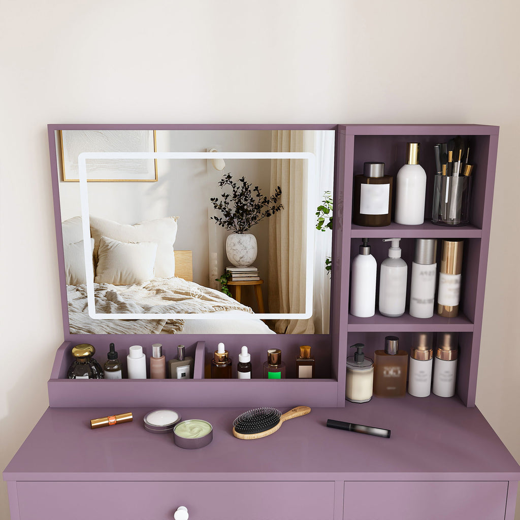 Vanity Desk Set With Padded Stool & Adjustable LED Mirror, 3 Color Mode Lighting, Compact For Bedroom - Purple