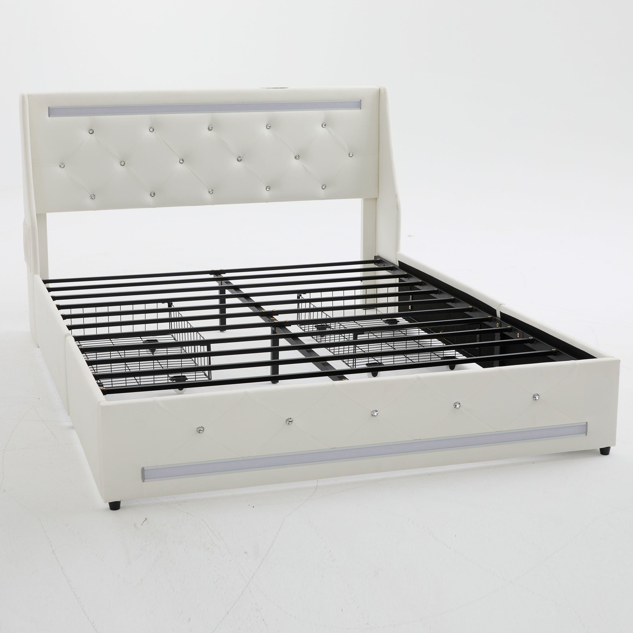Wingback Upholstered Bed Frame With LED Lights, Charging Station