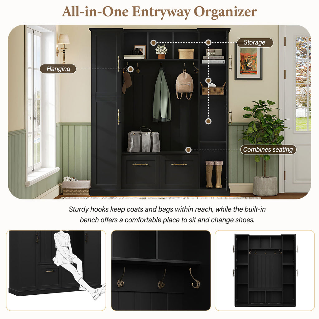Hall Tree With 4 Side Cabinets