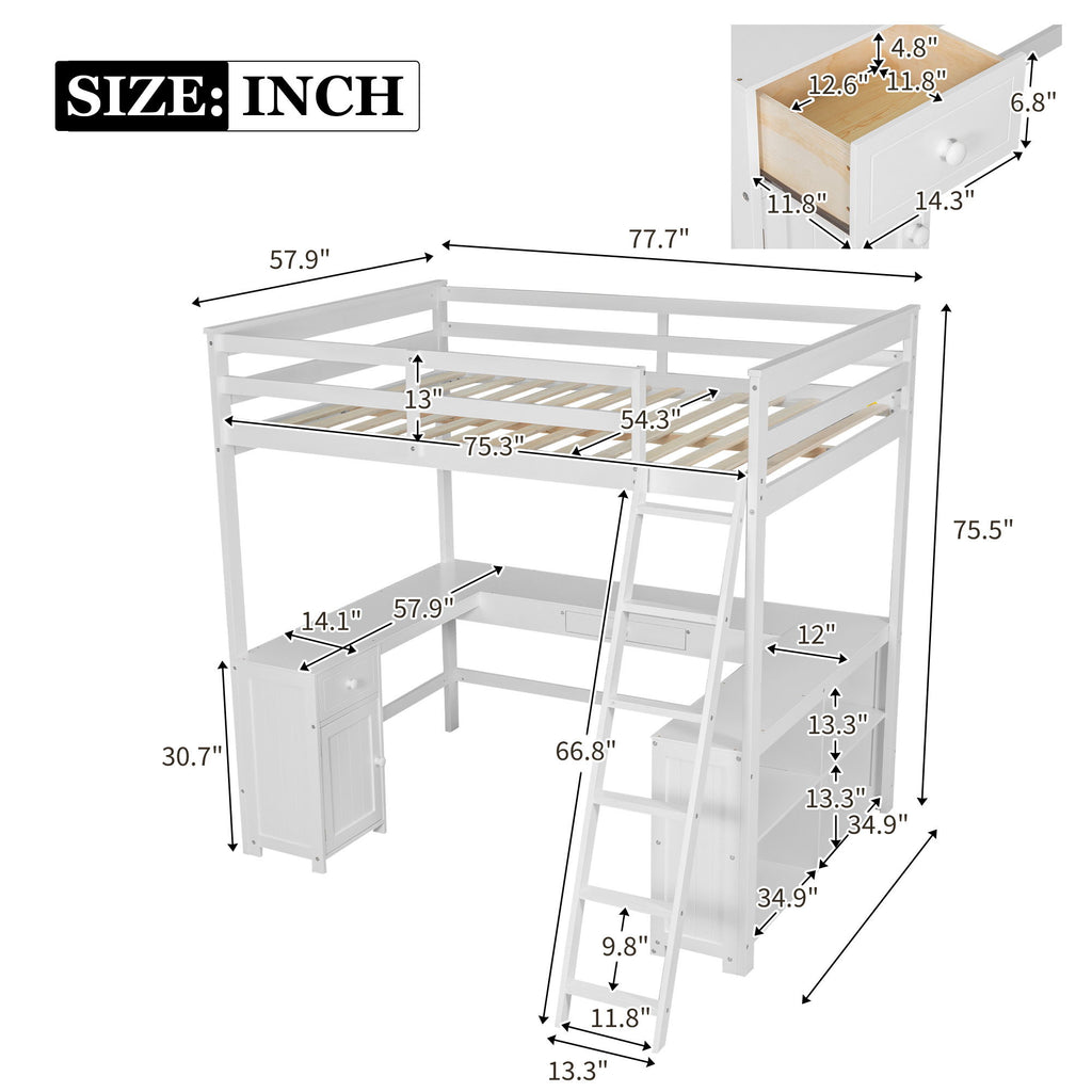 Loft Bed With U Shaped Desk, Drawers, And Storage Shelves