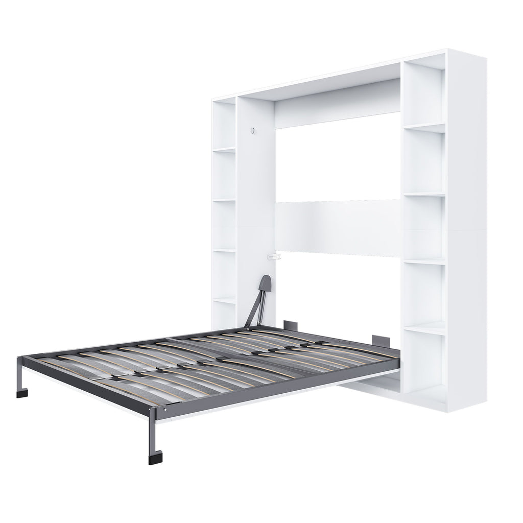 Queen Murphy Bed With Storage Cabinet, Foldable Wall Bed For Bedrooms - White