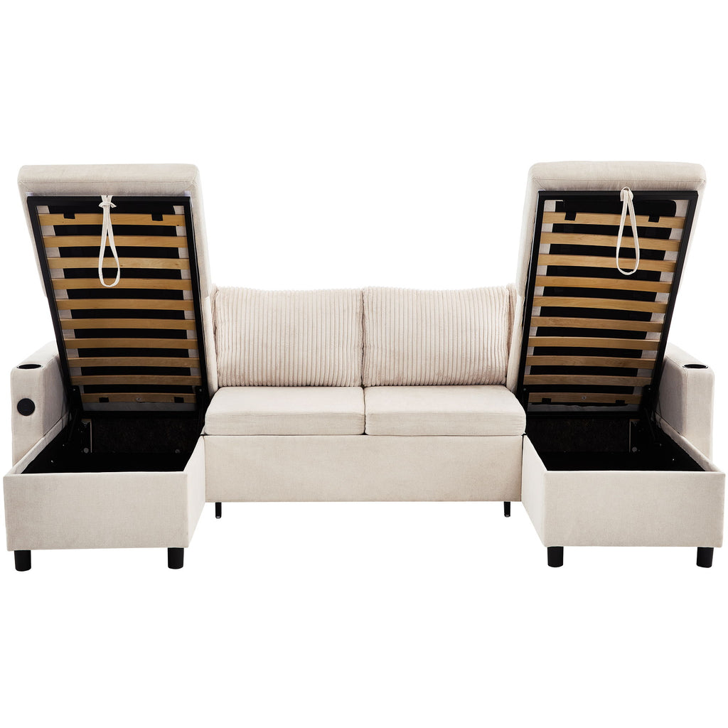 Sectional Sofa Bed With Pull Out Sleeper, USB Ports, Cup Holders
