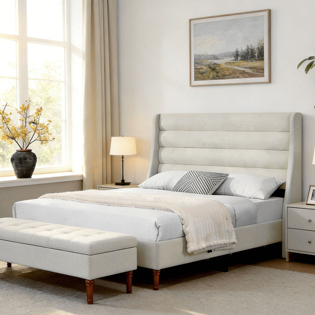 Modern Upholstered Platform Bed With Wave Shaped Headboard