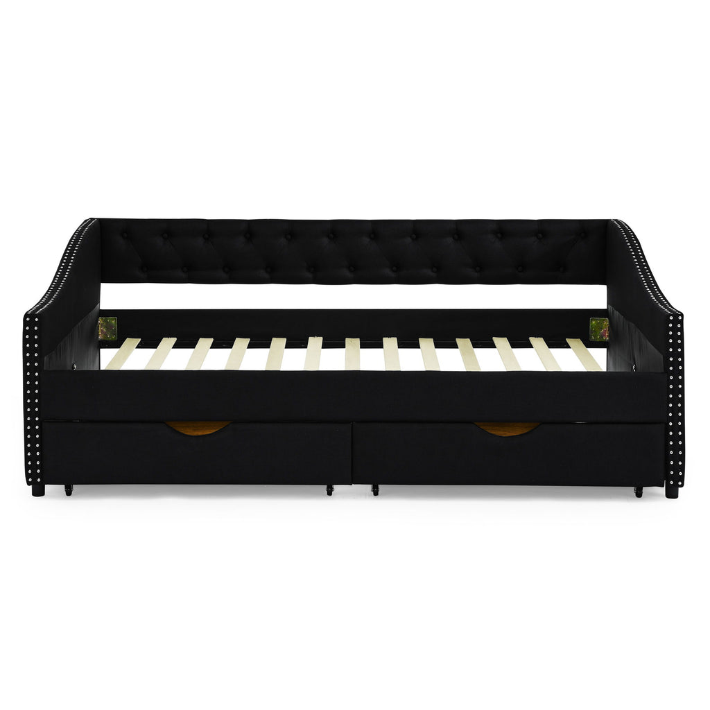 Upholstered Tufted Daybed With 2 Drawers, Waved Arms