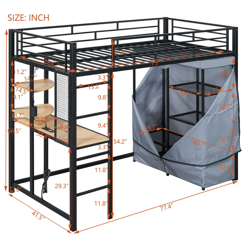 Loft Bed With Desk, Shelves, Power Outlet, LED Light And Wardrobe