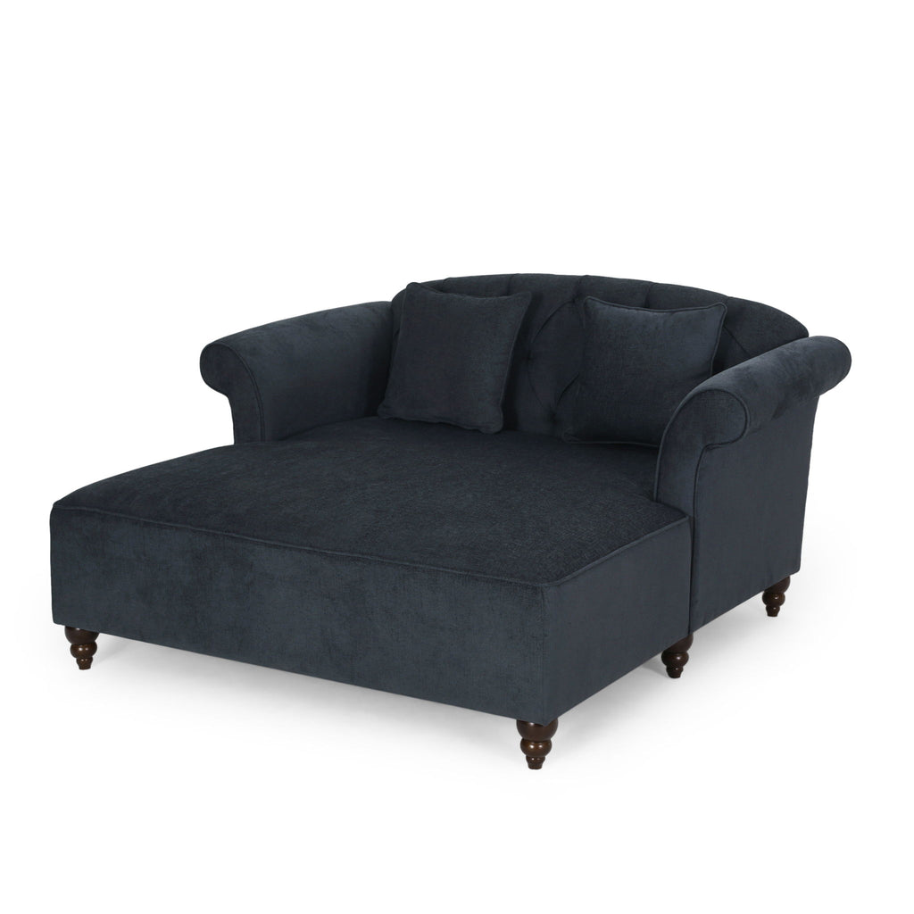 Upholstered Chaise Lounge With Scroll Arms, Turned Legs And 2 Pillows