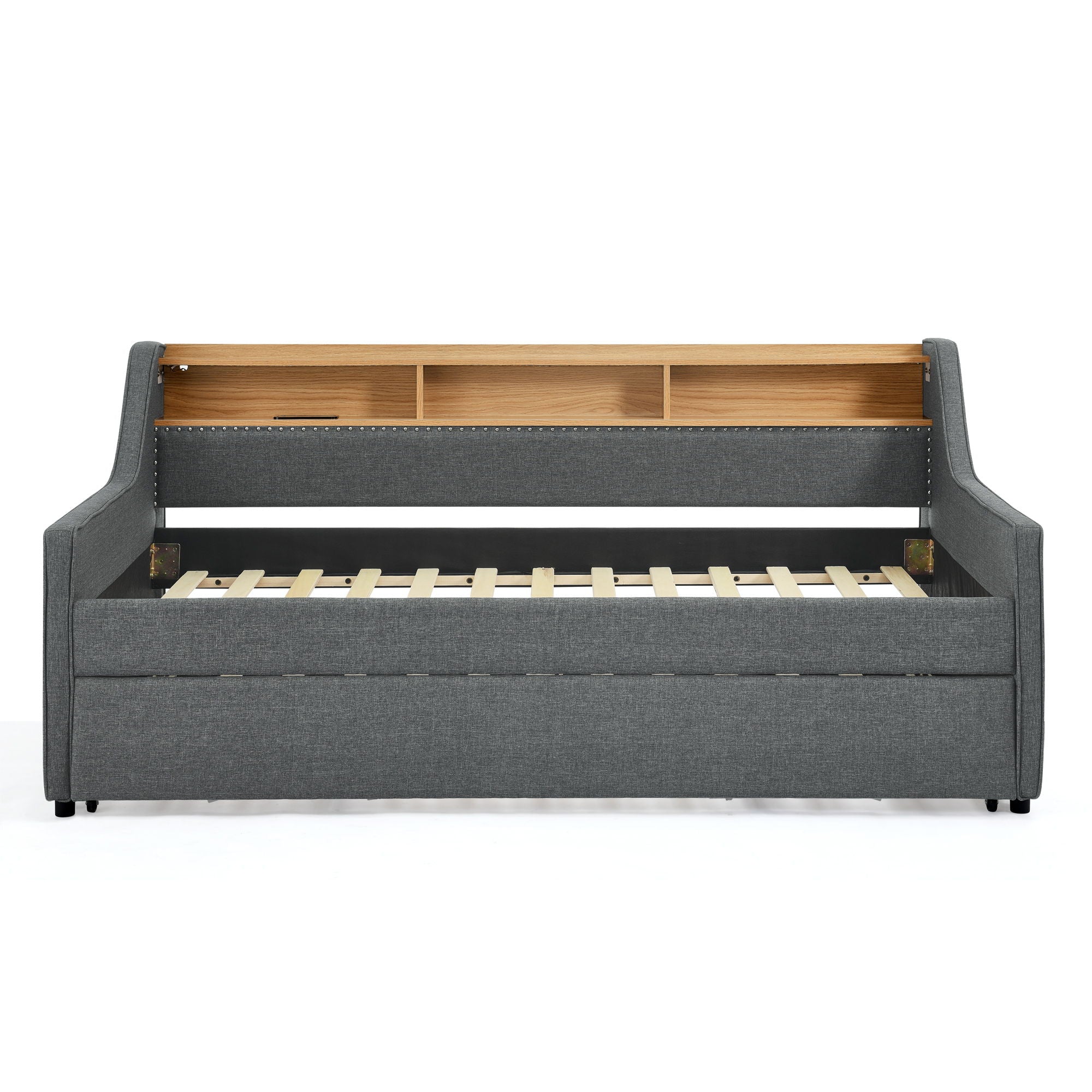Upholstered Sofa Bed With LED Lights, Storage Headboard, Foldable Trundle & Wireless Charging