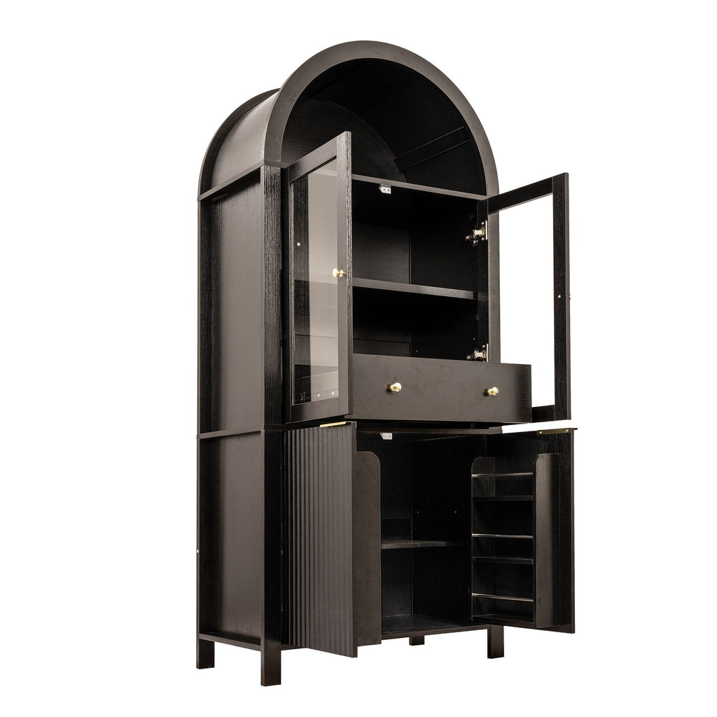 Fluted Tall Arched Pantry Cabinet With Adjustable Shelves, Glass Door & Hidden Drawer For Kitchen