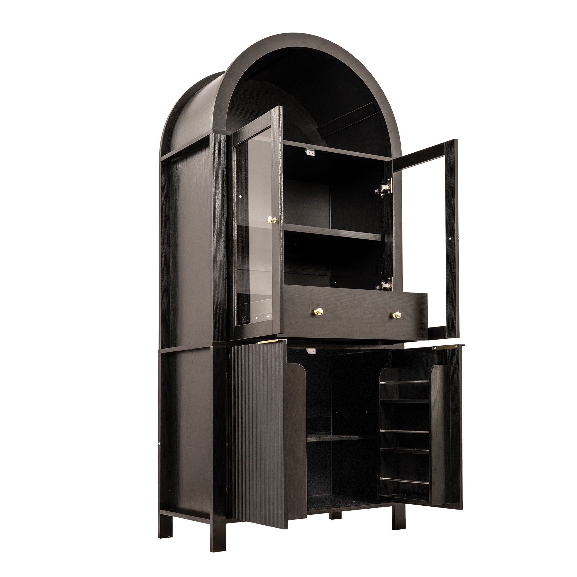 Fluted Tall Arched Pantry Cabinet With Adjustable Shelves, Glass Door & Hidden Drawer For Kitchen