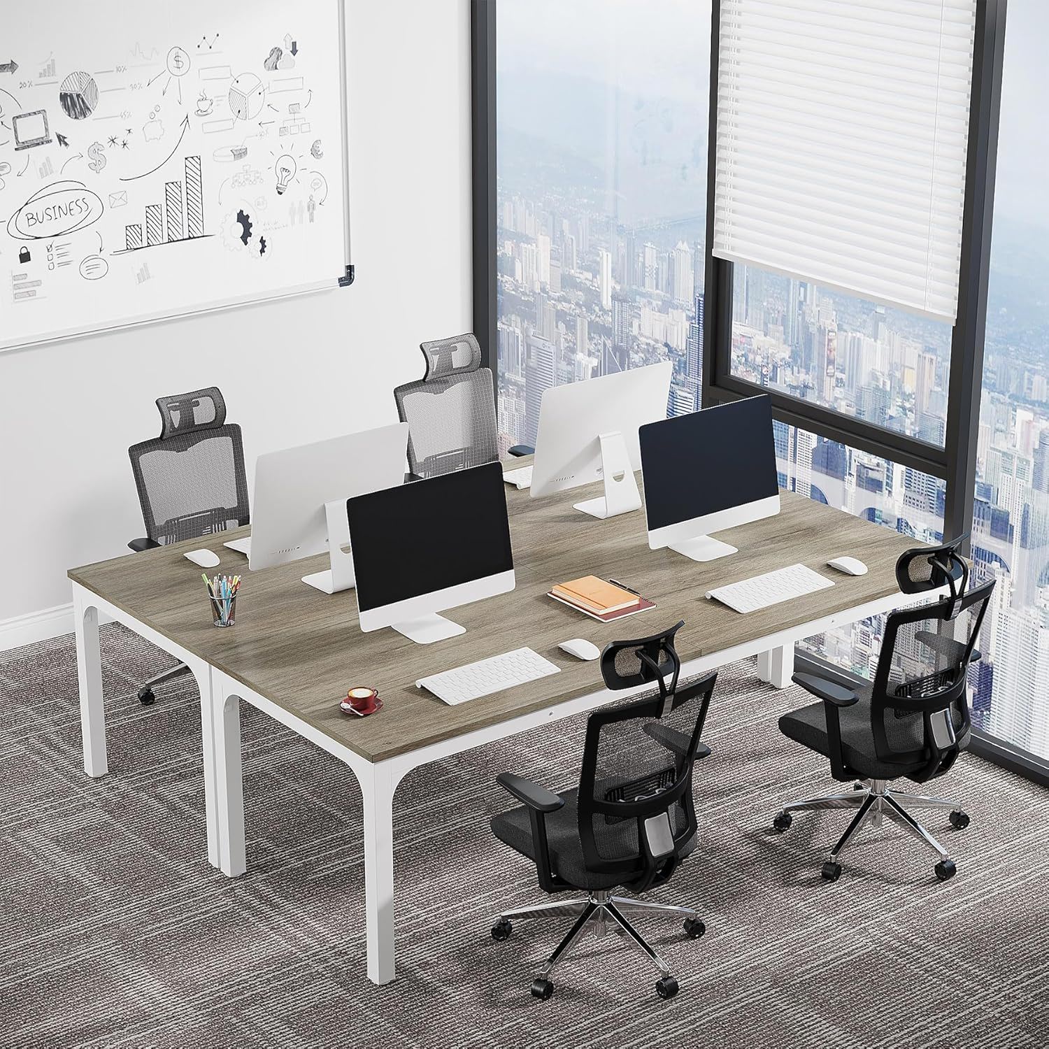 Extra Long 2 Person Computer Desk With, Collaborative Workstation For Home Office - White / Oak