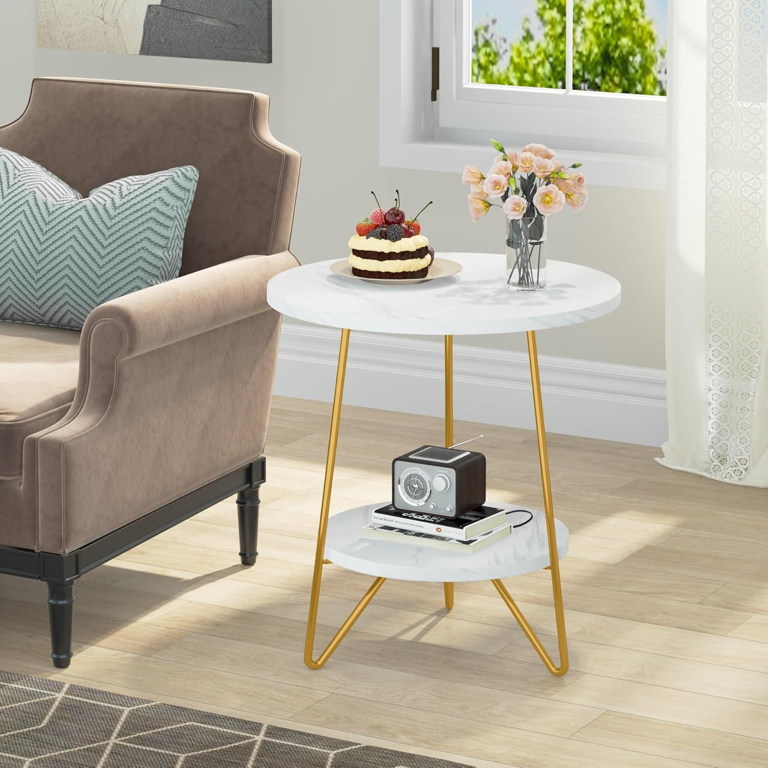 Round End Table With Hairpin Legs, 2 Tier For Living Room - White / Gold