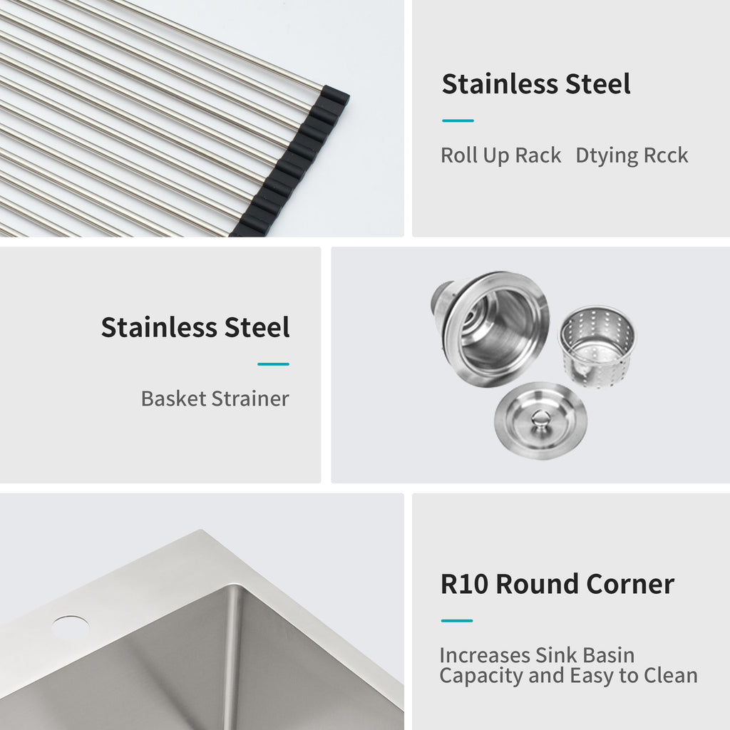 Drop In Kitchen Sink, 16 Gauge Stainless Steel, Single Bowl, Topmount Basin