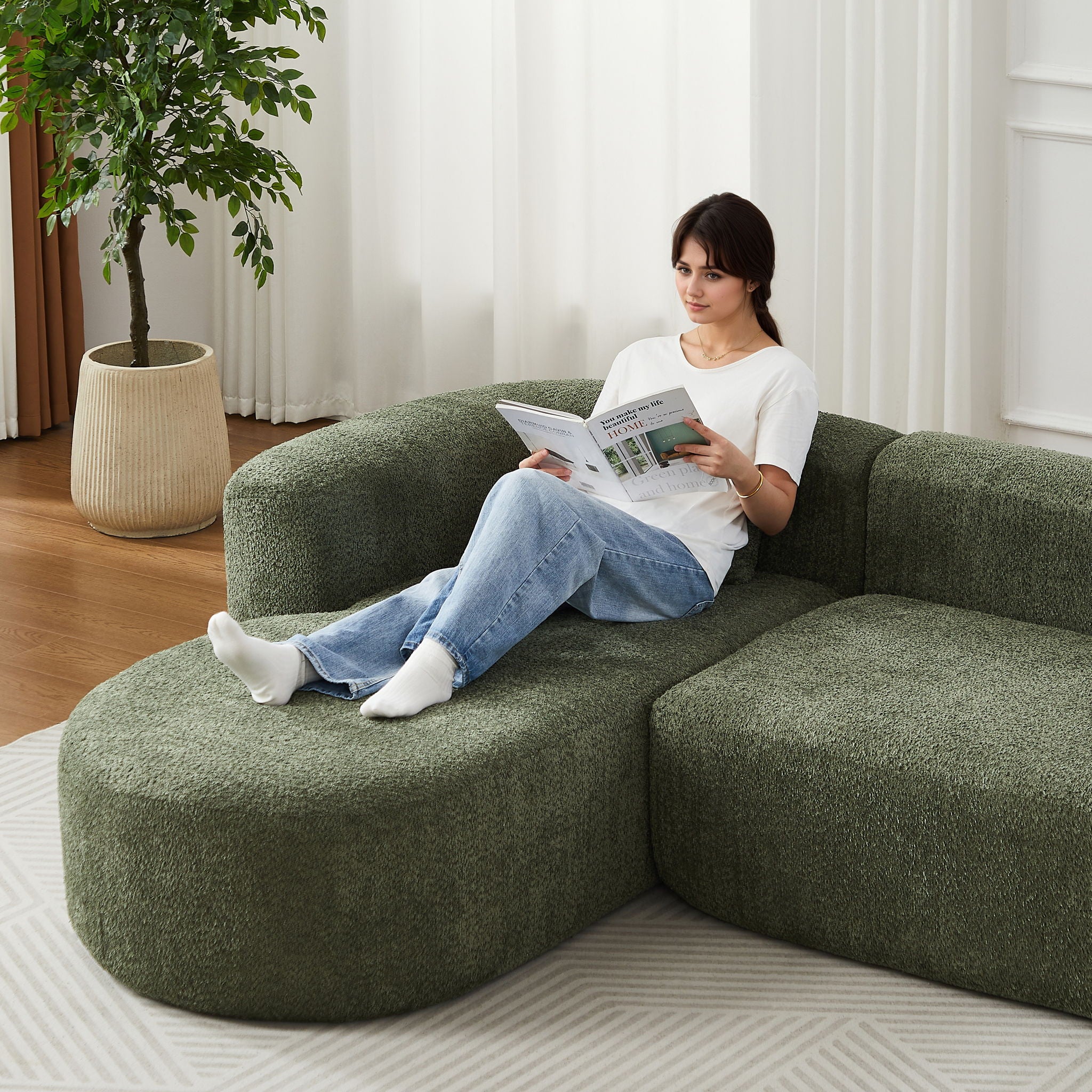 L - Shape Boneless Cloud Couch With 2 Throw Pillows For Living Room