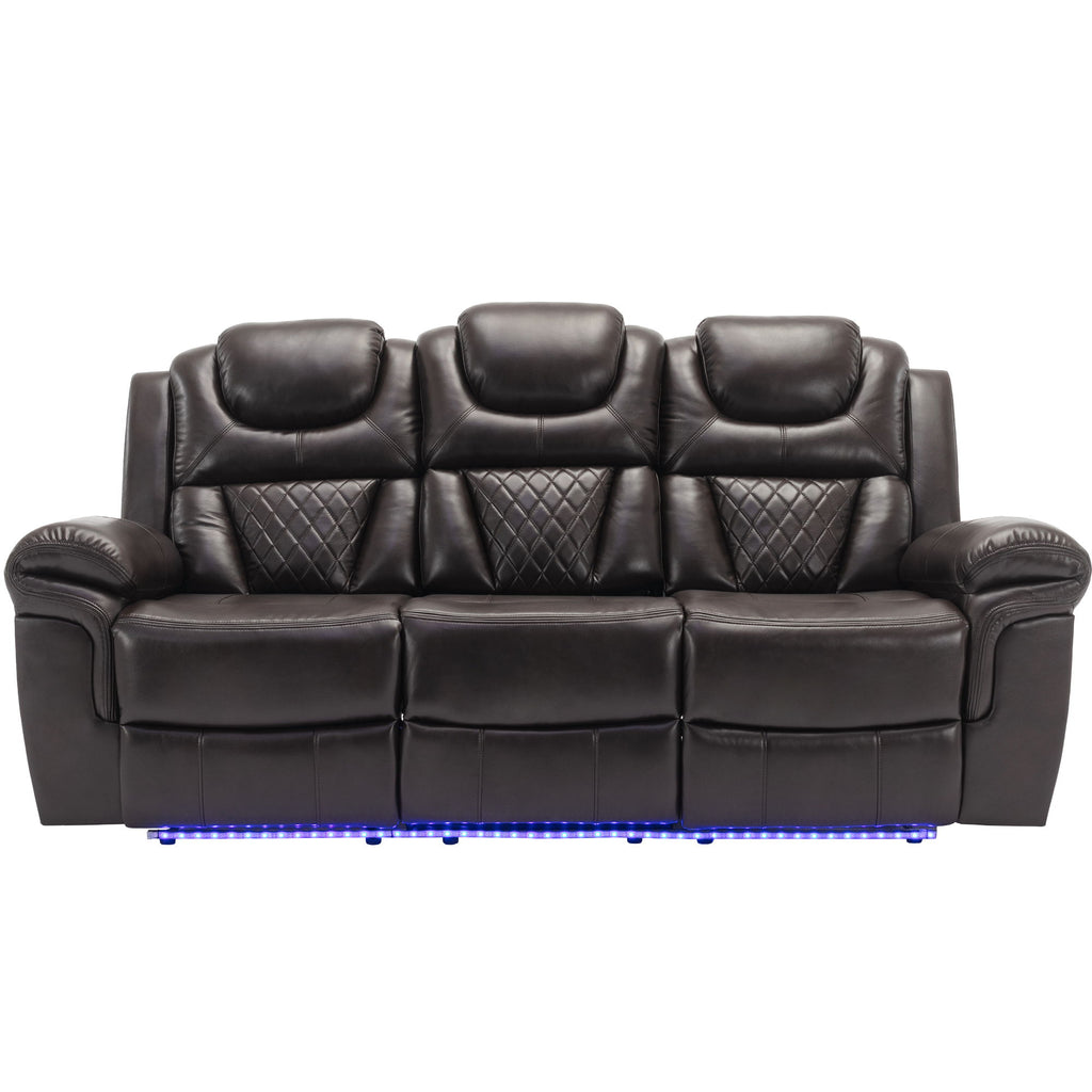 3 Pieces Recliner Sofa Sets Home Theater Seating Manual Recliner Chair & Center Console And LED Light Strip For Living Room - Brown