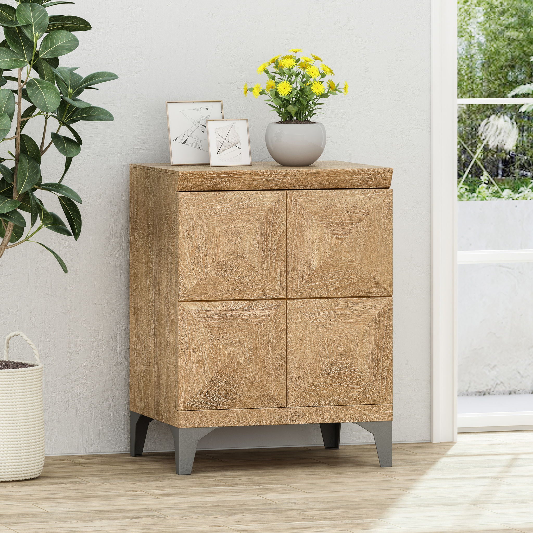 Boho Handcrafted Mango Wood Storage Cabinet With Iron Legs - Sandblasted Oak