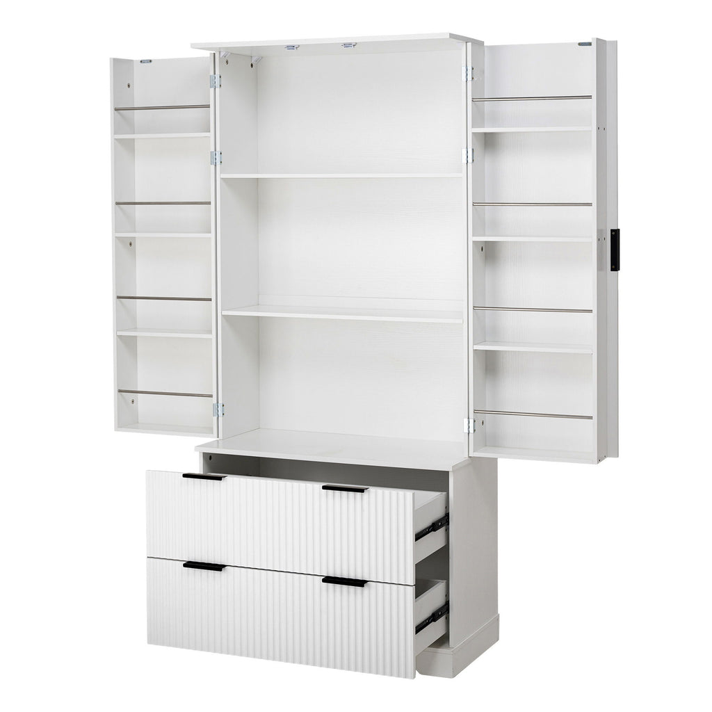 Fluted Kitchen Pantry Cabinet With 2 Large Drawers & 8 Door Spice Rack