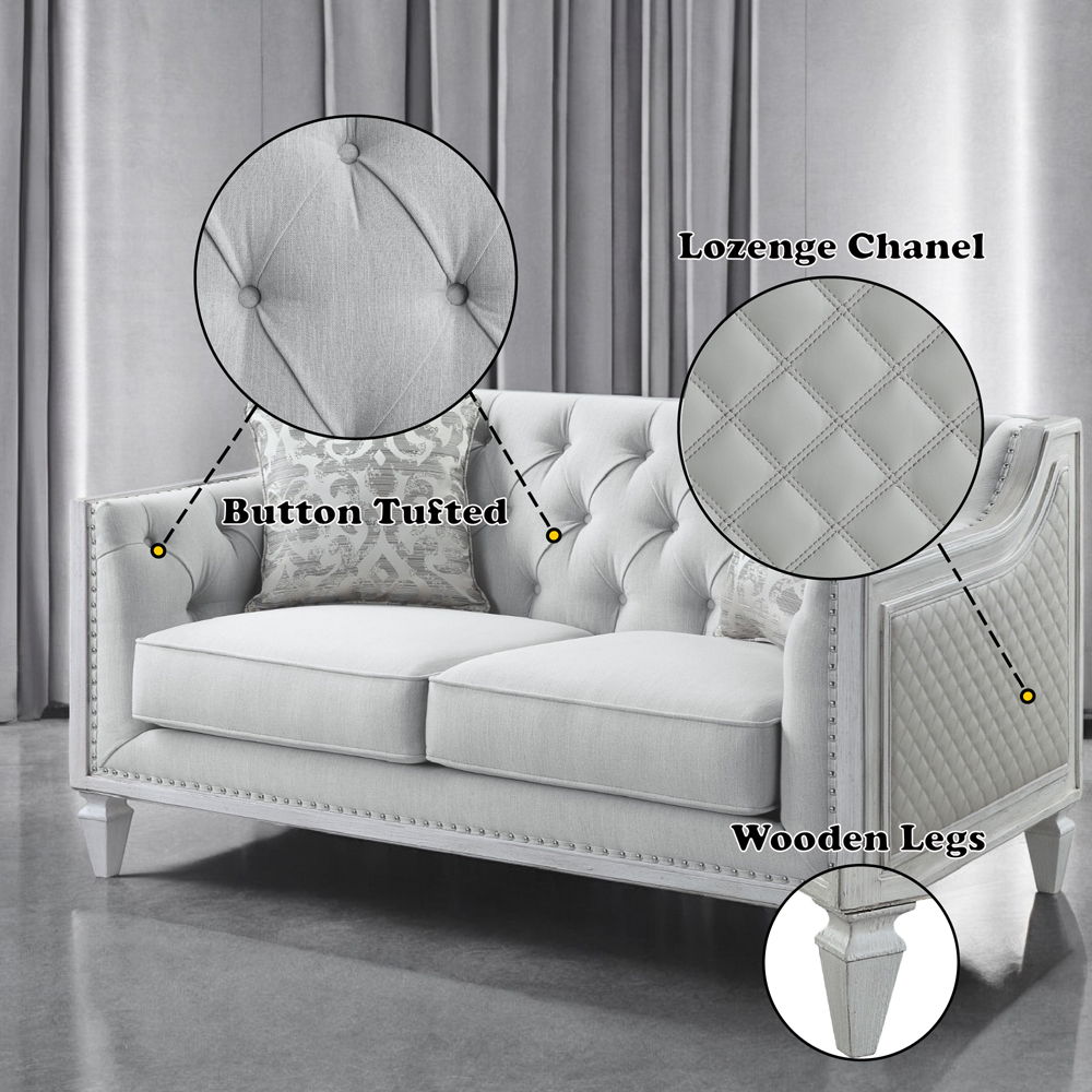 Katia - Loveseat With 2 Pillows - Light Gray Linen & Weathered White
