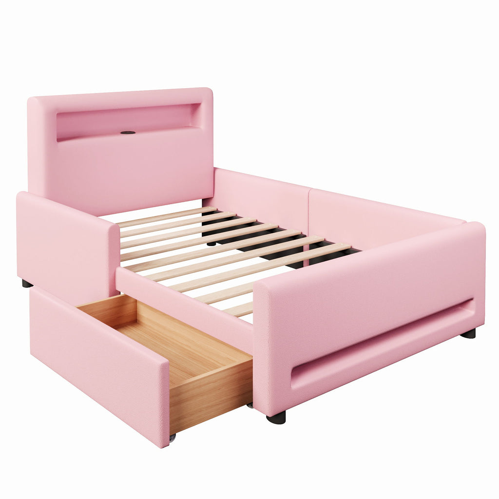 Upholstered Platform Bed With Drawer, LED Light Strip, USB Port