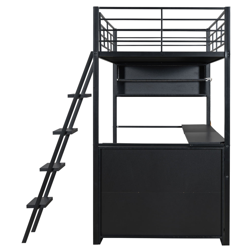Loft Bed With LED Desk And 4 Storage Shelves
