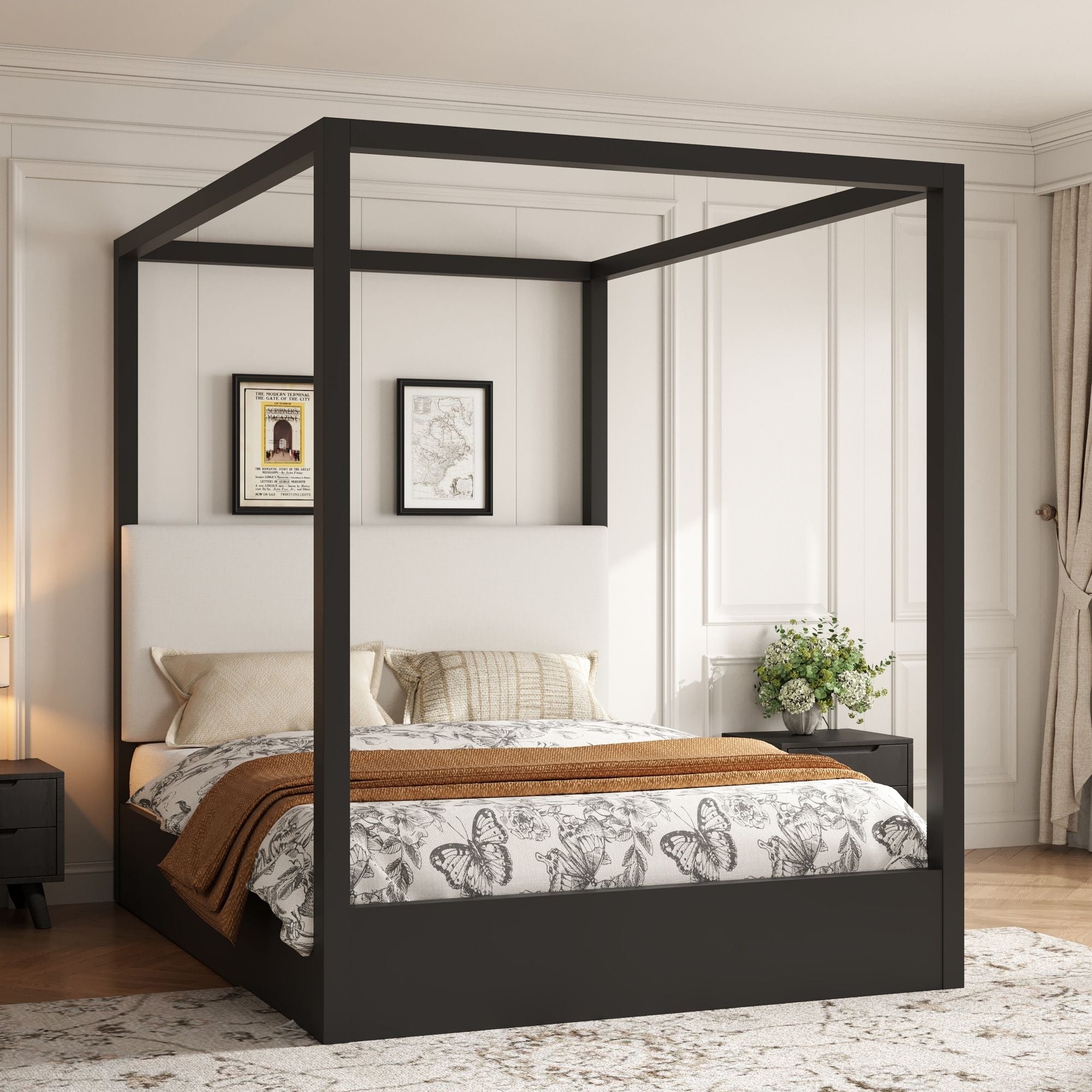 Canopy Platform Bed With Upholstered Headboard