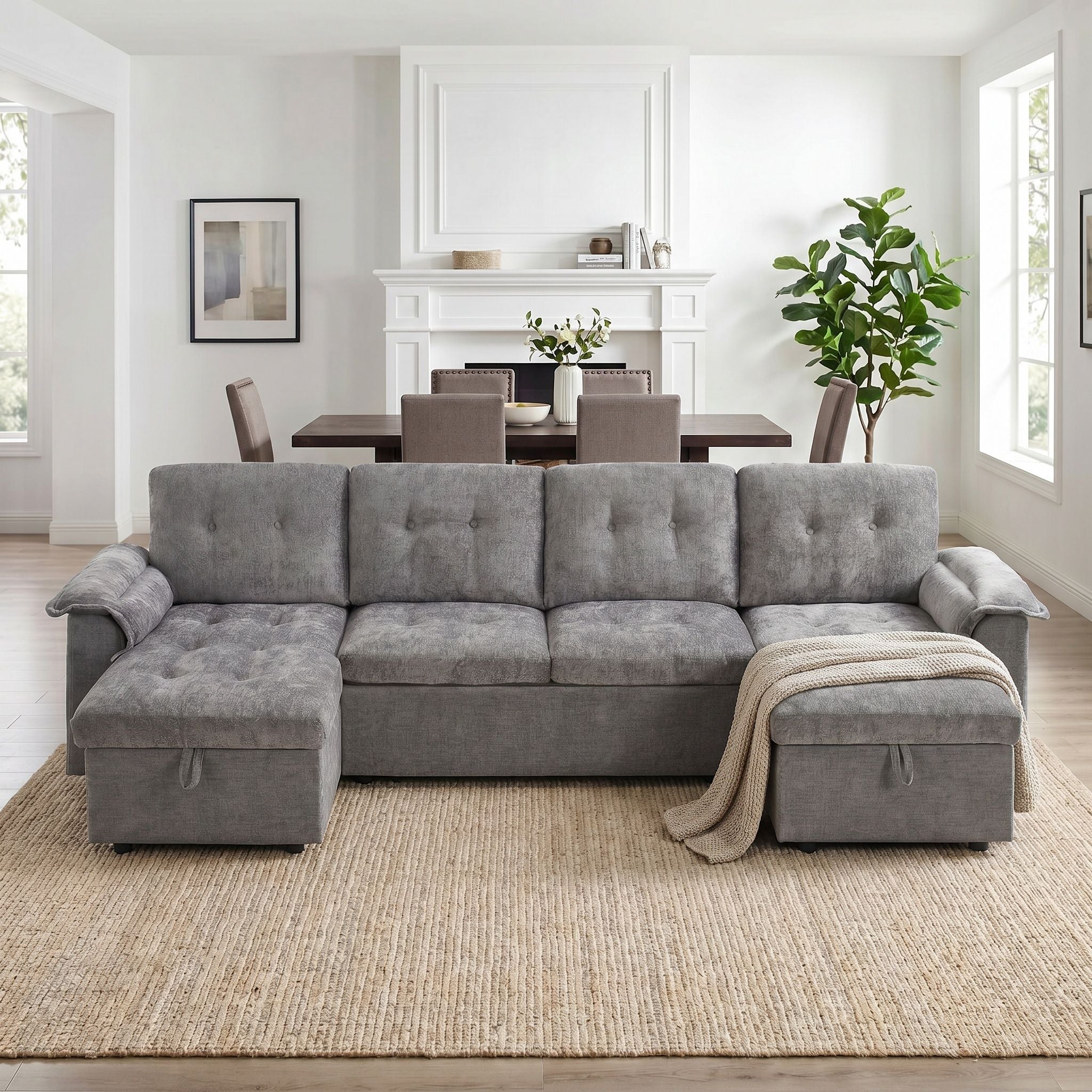 Modern U-Shaped Sleeper Sectional Sofa Bed With USB Ports, Cup Holder, And Hidden Storage