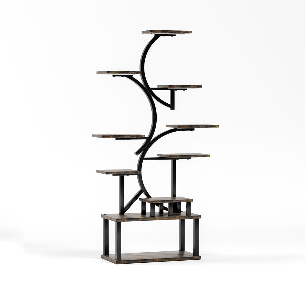 S - Shaped, 10 Tier Plant Stand With 5 Grow Lights - Deep Rustic Brown