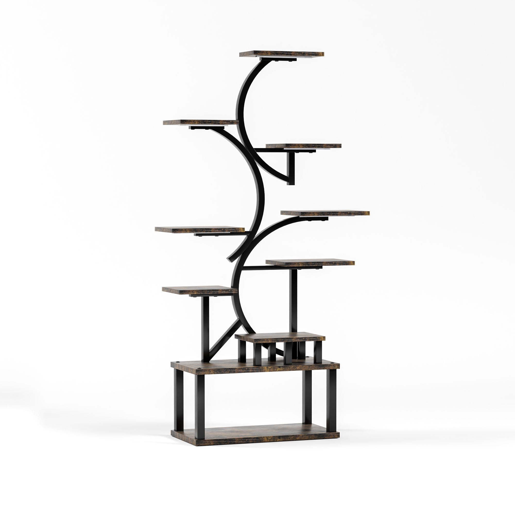 S - Shaped, 10 Tier Plant Stand With 5 Grow Lights - Deep Rustic Brown