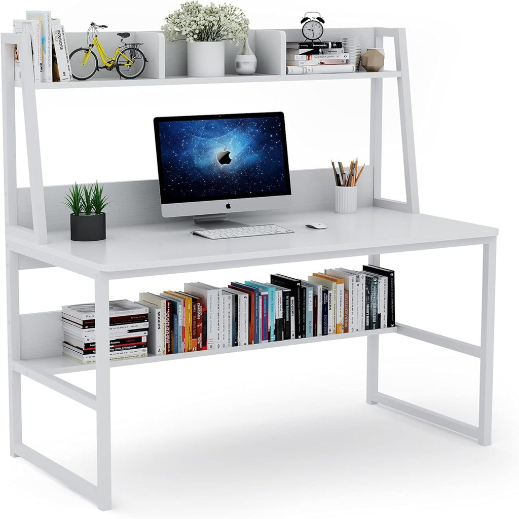 Computer Desk With Hutch And Bookshelf, Compact Home Office Workstation - White