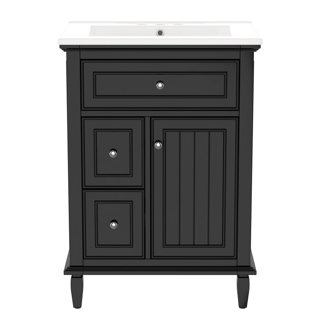 24" Bathroom Vanity With Sink, Cabinet, Adjustable Shelf, Flip Drawer & 2 Drawers - Black