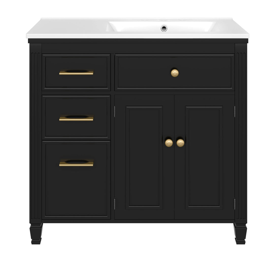 Modern Bathroom Vanity With Ceramic Sink, Freestanding, One Tip Out Drawer, 3 Side Drawers, Adjustable Shelf