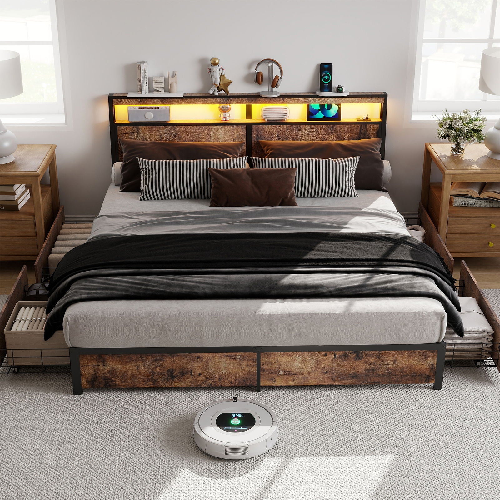 Bed Frame With Headboard, LED Lights & Charging Station