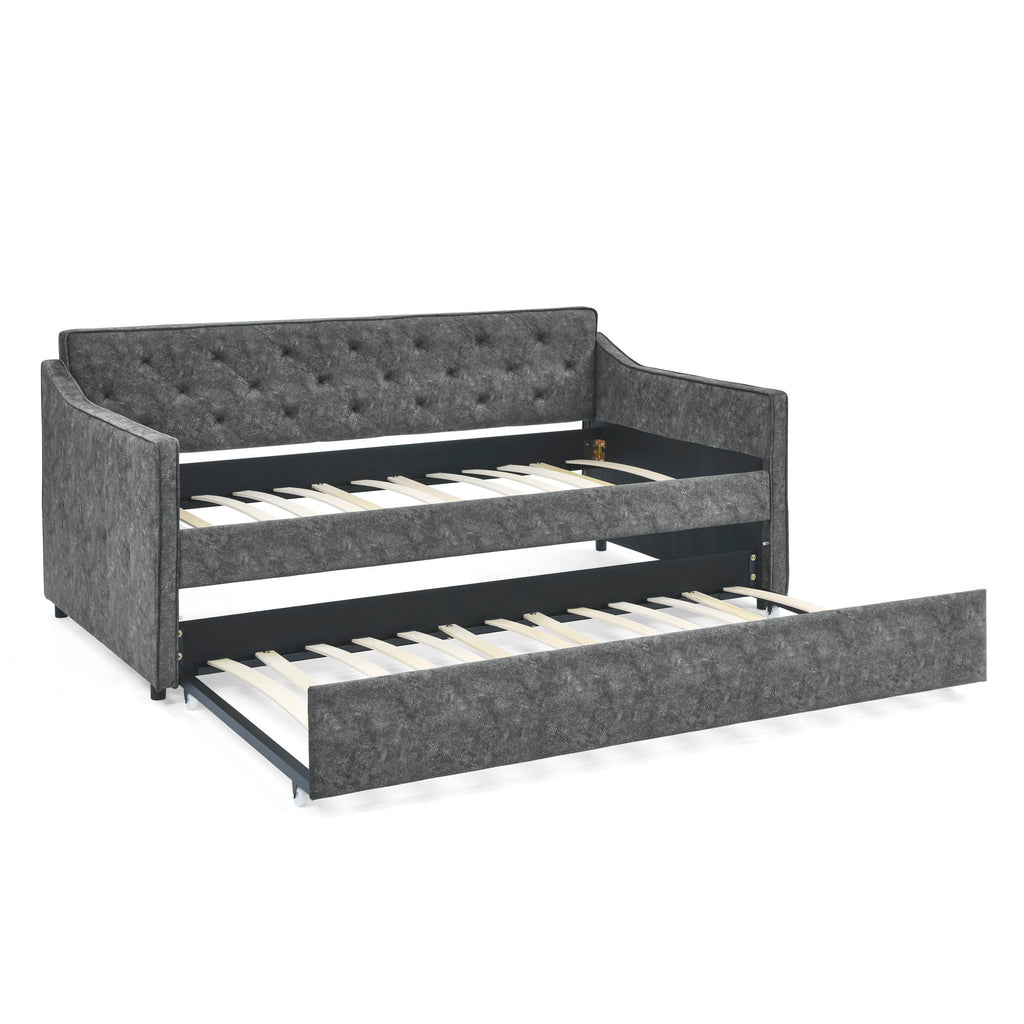Twin Upholstered Daybed With Trundle, Waved Arms - Gray