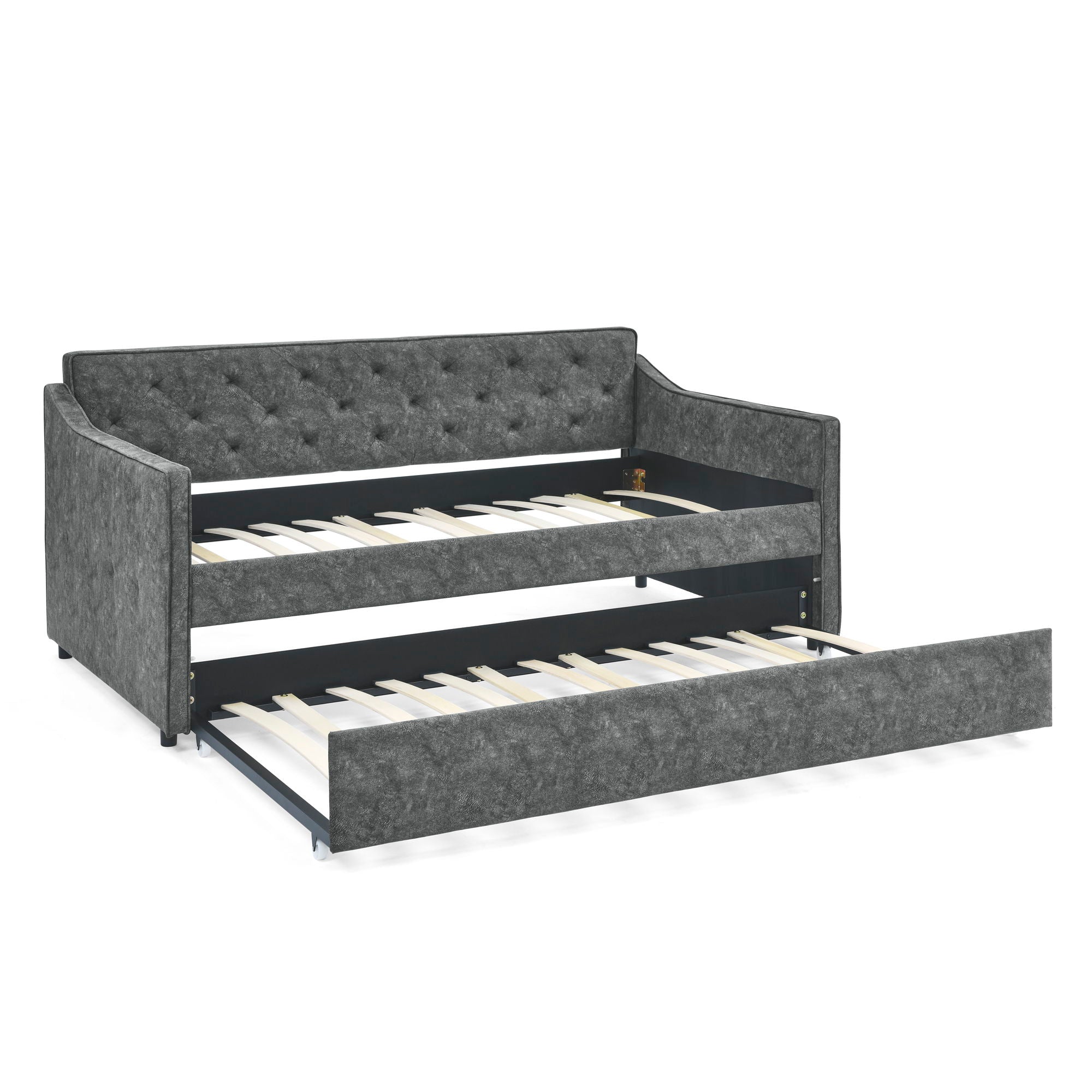 Twin Upholstered Daybed With Trundle, Waved Arms - Gray