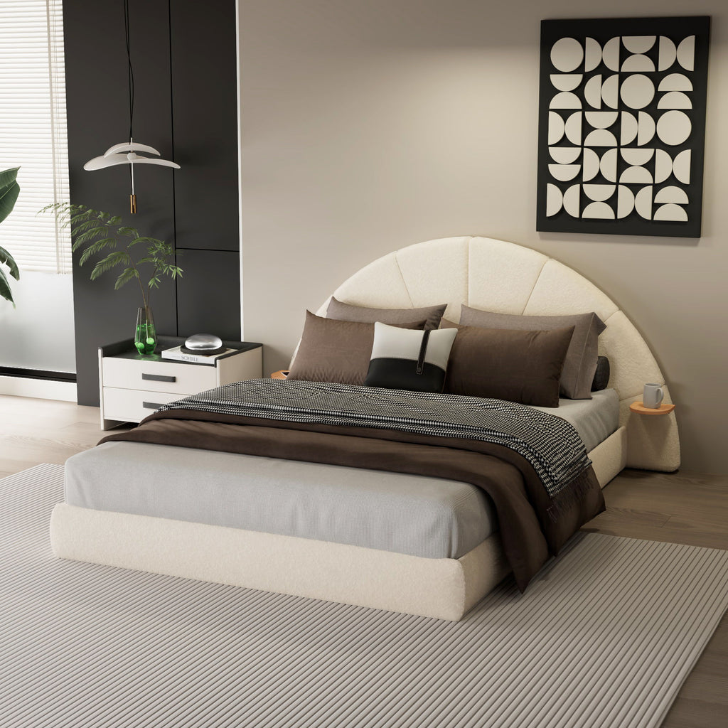 Queen Arched Bed With Small Table, Floor Standing Design - Beige