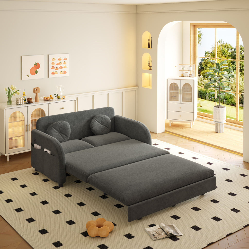 Upholstered Pull Out Couch With Side Pocket & USB Port