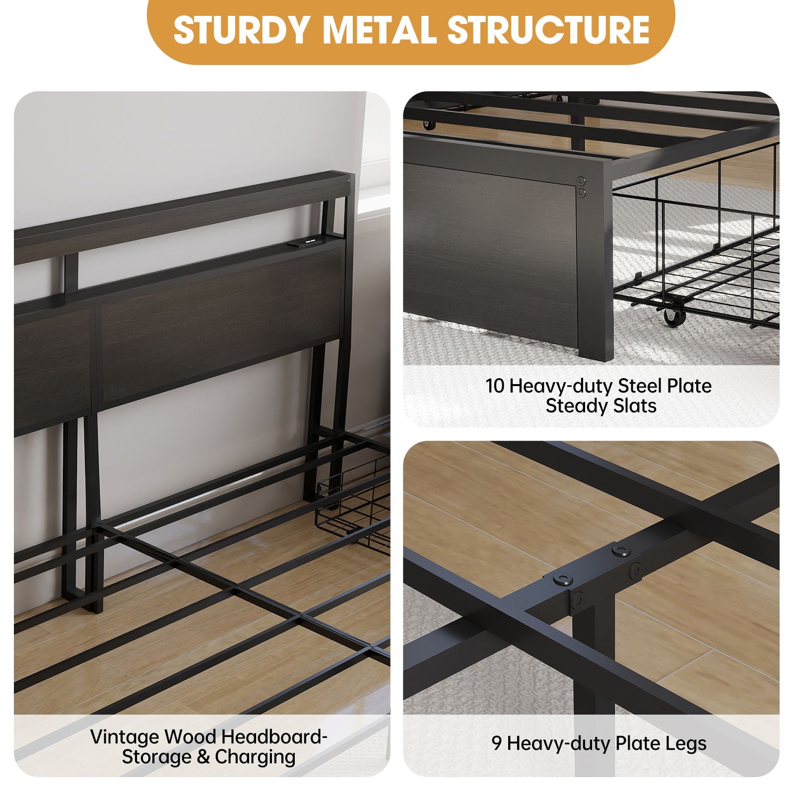 Bed Frame With Headboard, LED Lights & Charging Station