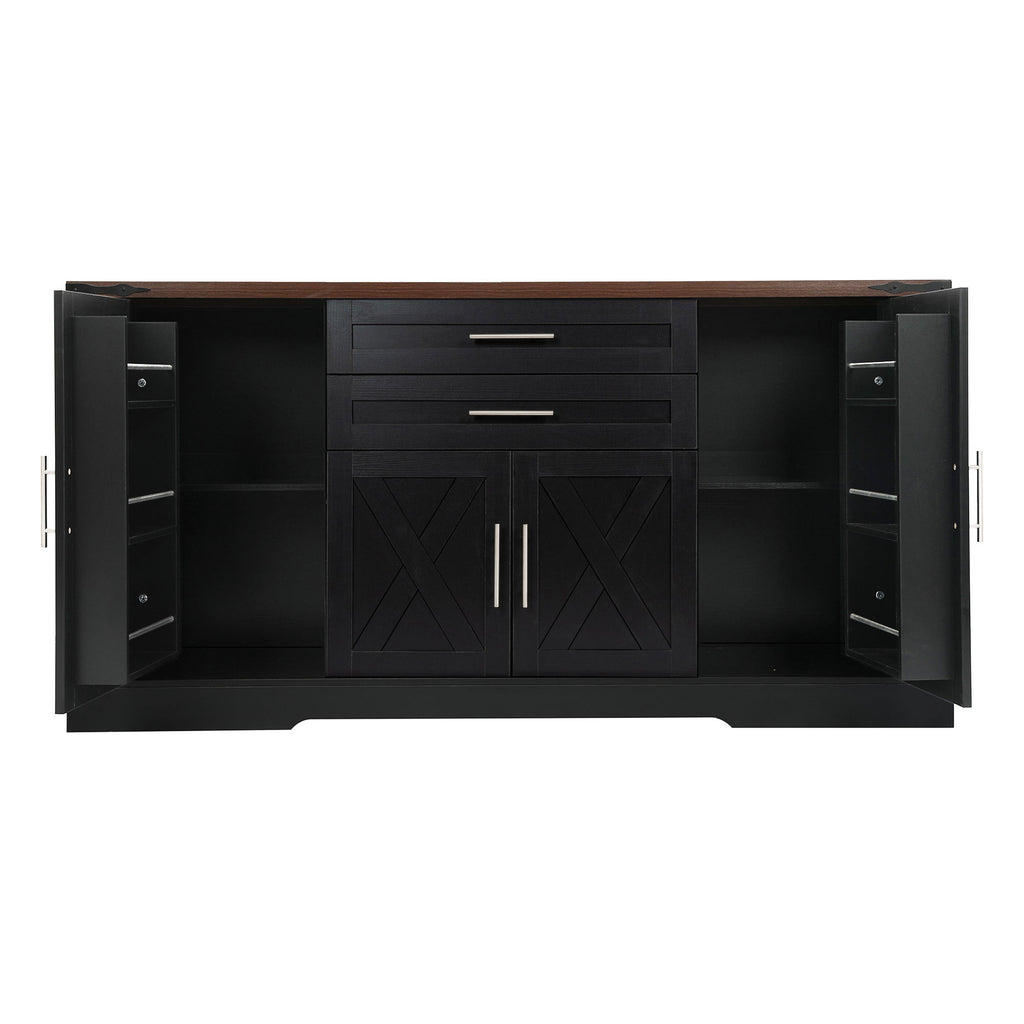 Barn Door Storage Cabinet With 2 Drawers & Door Rack, Adjustable Shelves