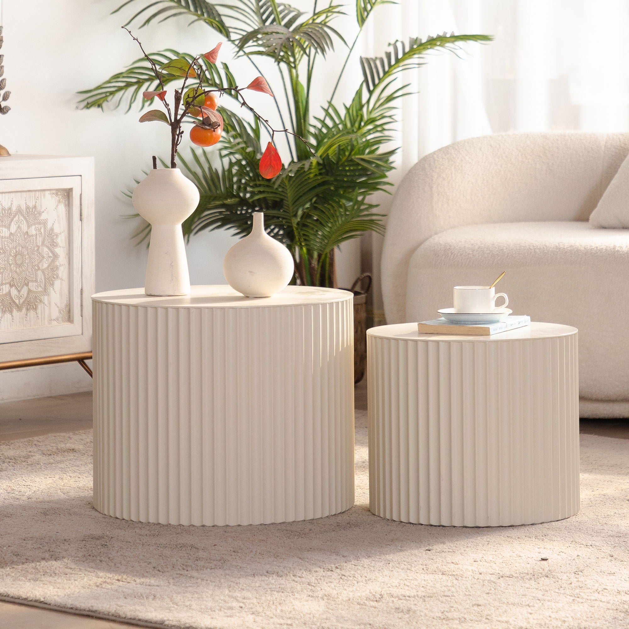 Drum Nesting Coffee Table With Wave Stripe Design For Living Room (Set of 2) - Beige / White