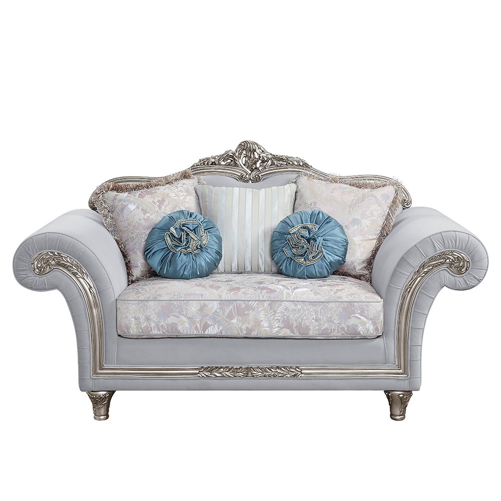 Pelumi - Loveseat With 5 Pillows - Light Gray Linen & Platinum