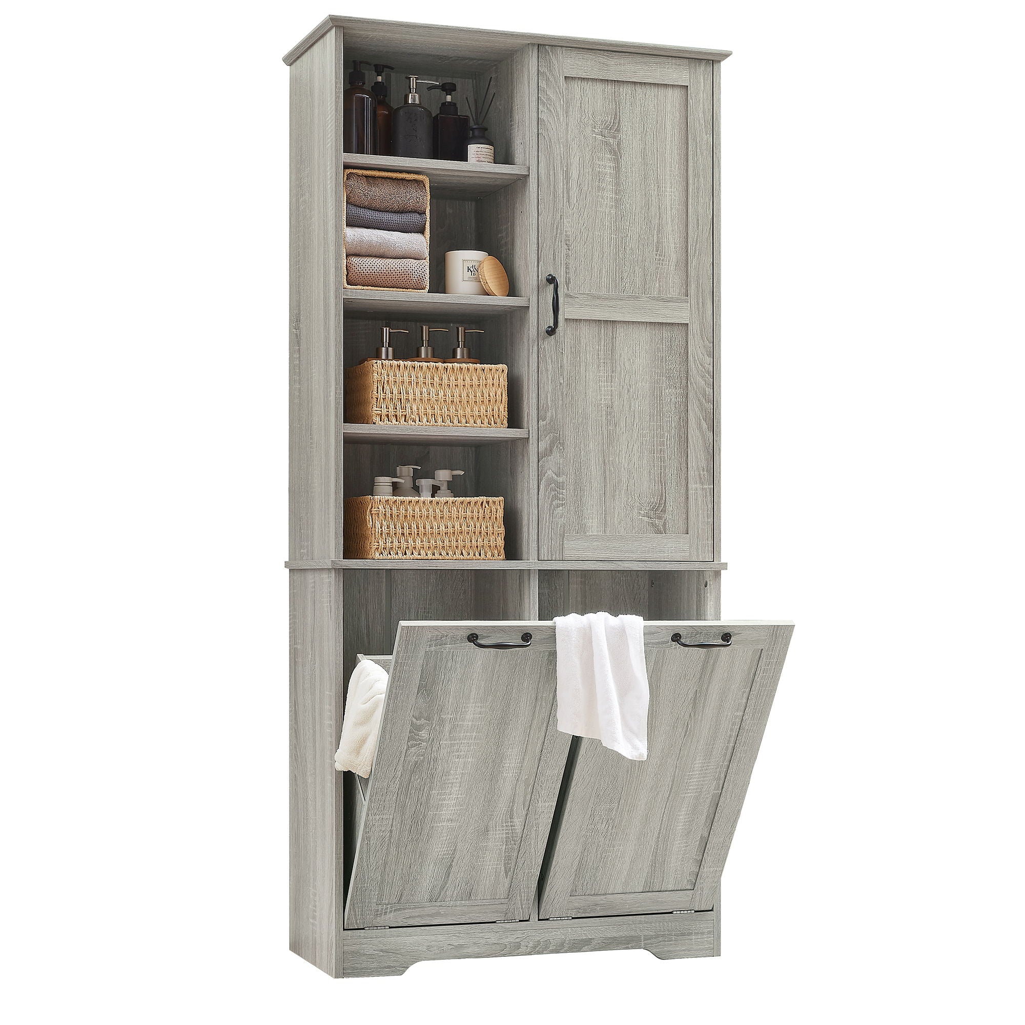 Freestanding Storage Cabinet With Doors, Tilt Out Drawers, Adjustable Shelves, Open Shelf, Bathroom & Laundry Room Organizer - Oak